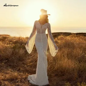 Roycebridal Vintage Lace Puff Sleeve Backless Dress Women Boho Mermaid Wedding Dresses