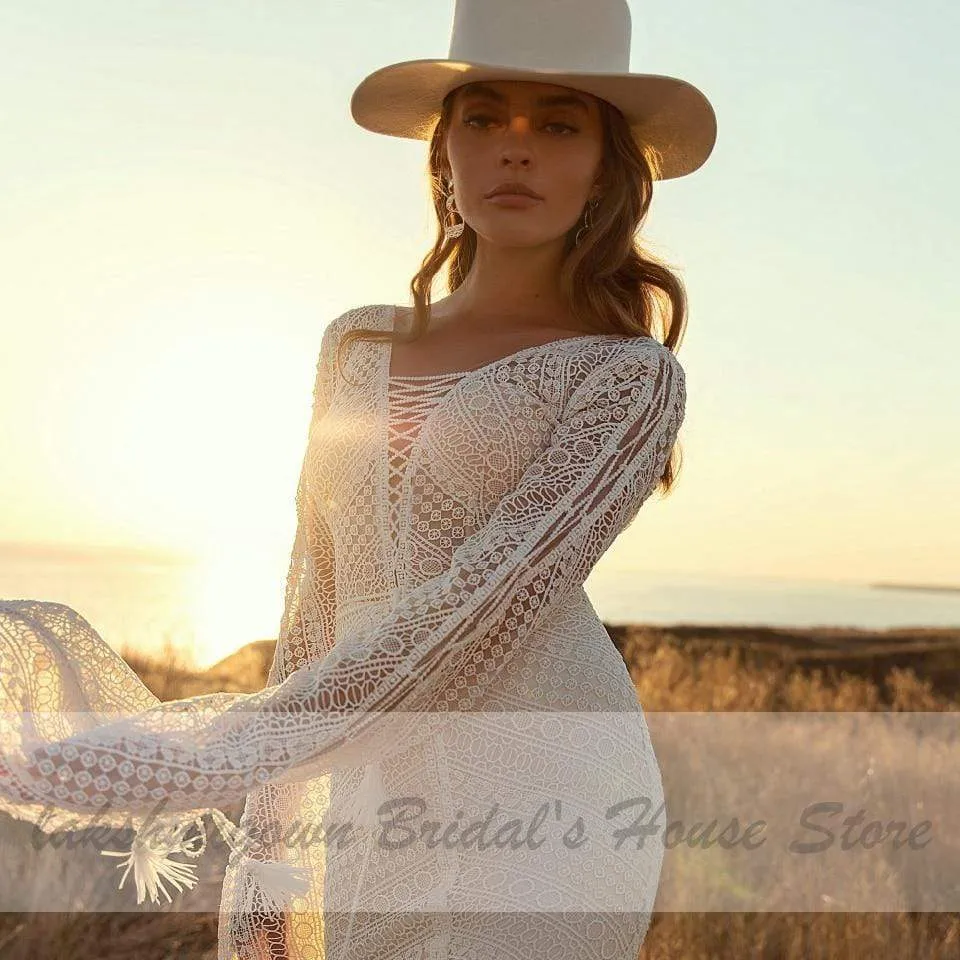 Roycebridal Vintage Lace Puff Sleeve Backless Dress Women Boho Mermaid Wedding Dresses
