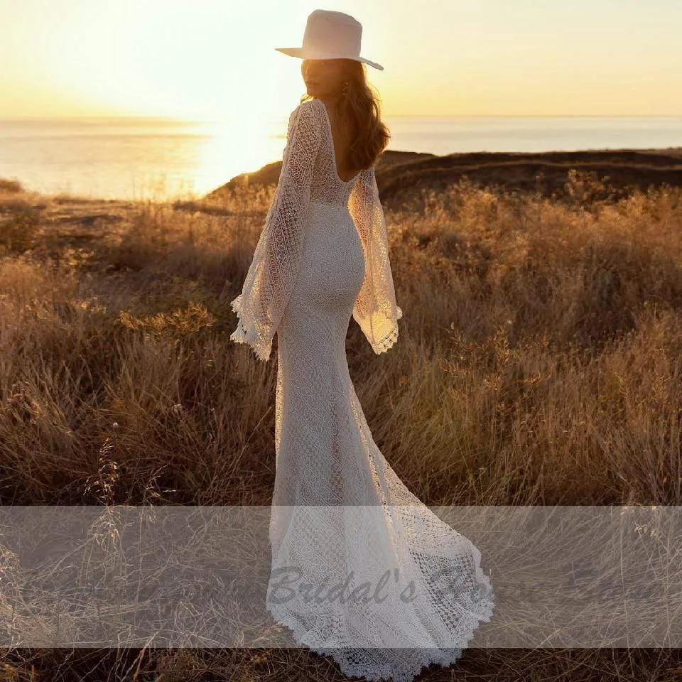 Roycebridal Vintage Lace Puff Sleeve Backless Dress Women Boho Mermaid Wedding Dresses