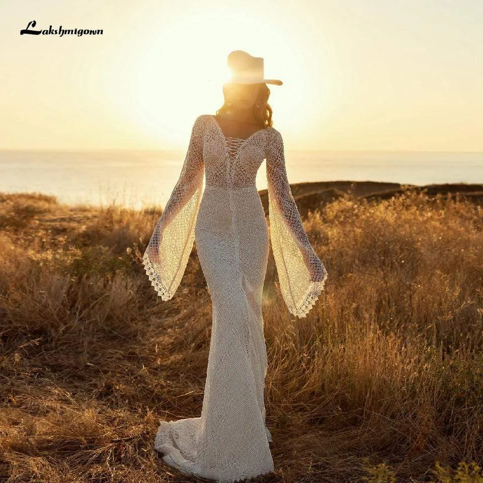 Roycebridal Vintage Lace Puff Sleeve Backless Dress Women Boho Mermaid Wedding Dresses