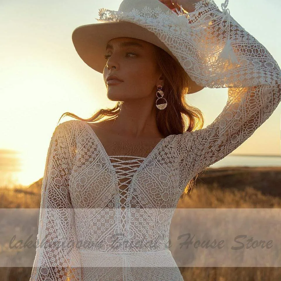 Roycebridal Vintage Lace Puff Sleeve Backless Dress Women Boho Mermaid Wedding Dresses