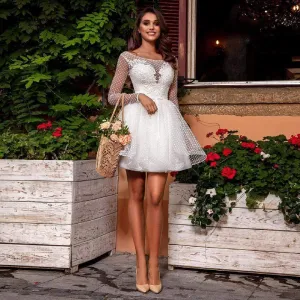 Roycebridal Vintage Lace Short Wedding Dress Beach Long Sleeve Bridal Gowns