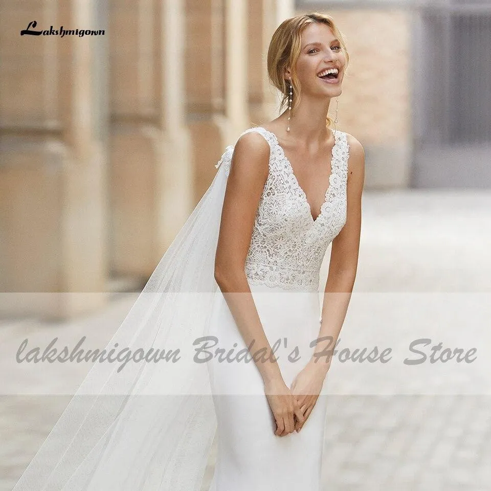 Roycebridal Vintage Satin Wedding Dress with Wings Boho Style V-neck