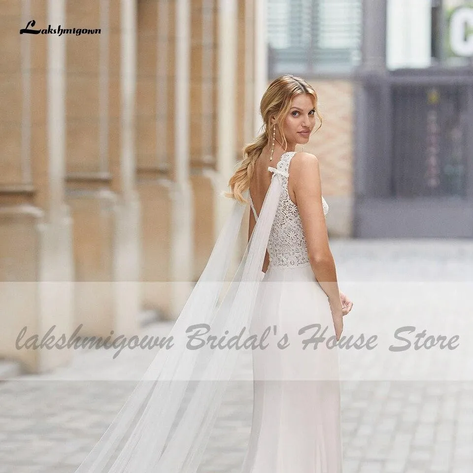 Roycebridal Vintage Satin Wedding Dress with Wings Boho Style V-neck