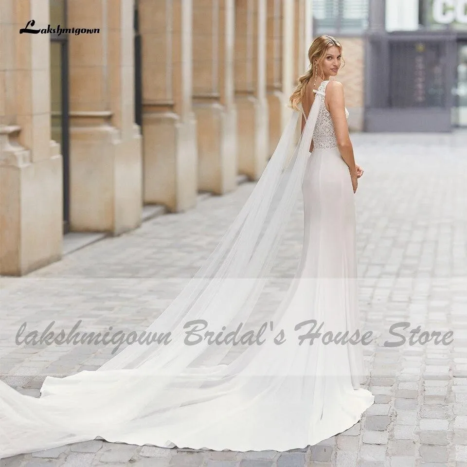 Roycebridal Vintage Satin Wedding Dress with Wings Boho Style V-neck
