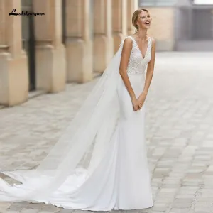 Roycebridal Vintage Satin Wedding Dress with Wings Boho Style V-neck