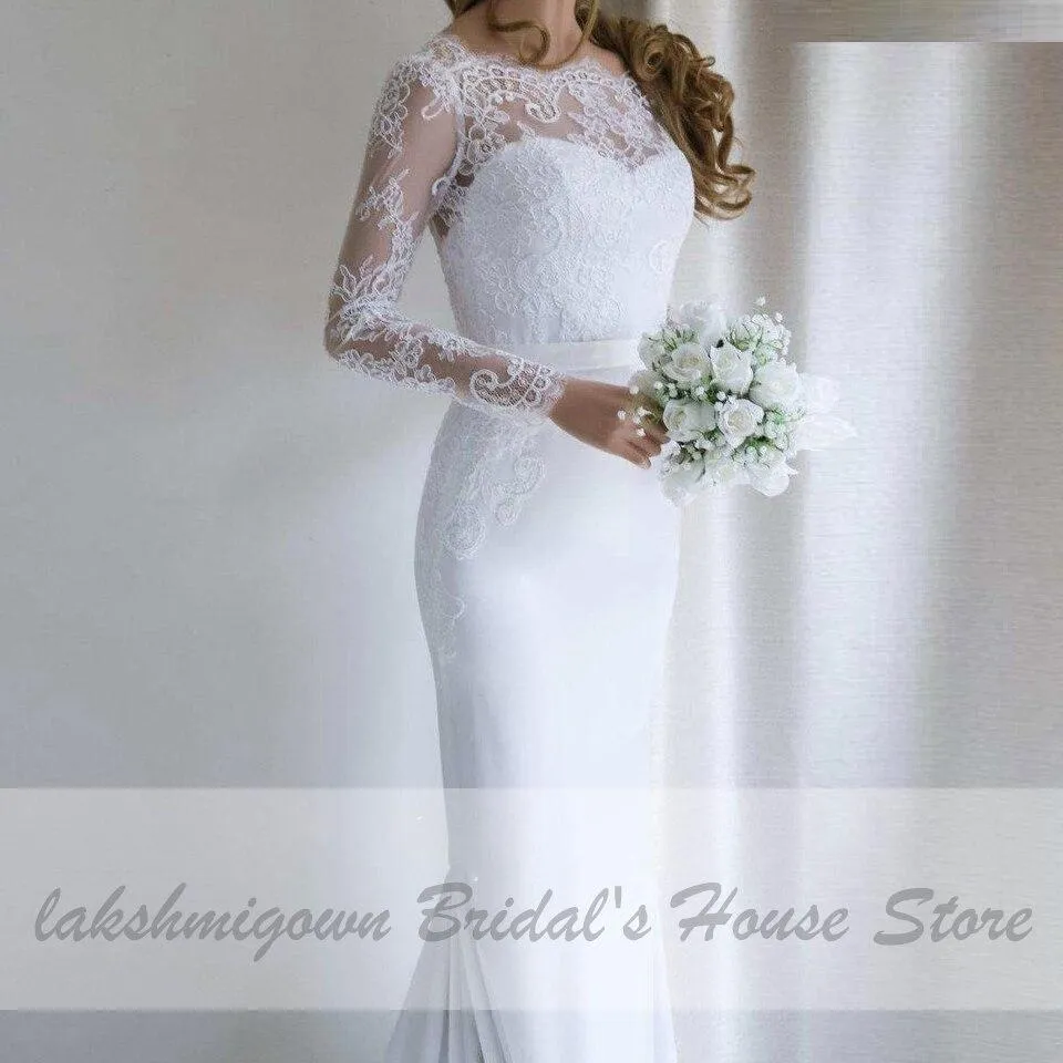 Roycebridal White Mermaid Dress Vintage Lace Long Sleeve Wedding Dress