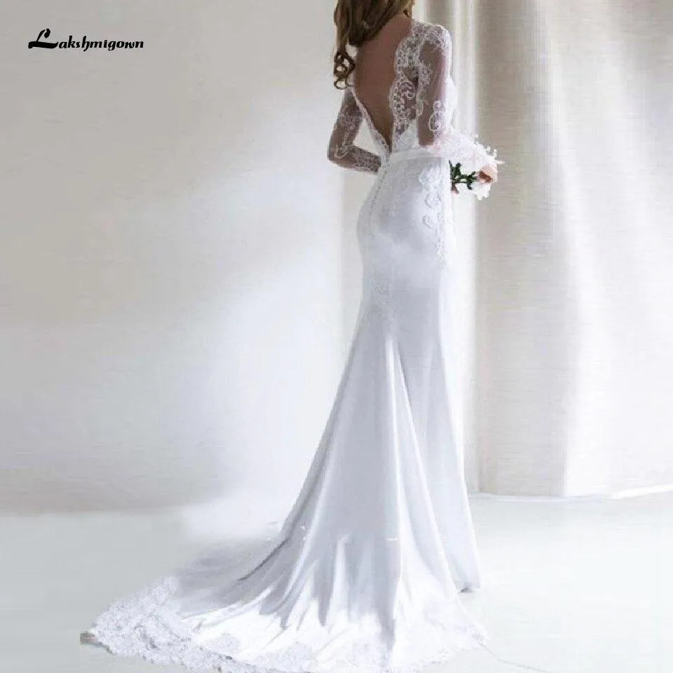 Roycebridal White Mermaid Dress Vintage Lace Long Sleeve Wedding Dress