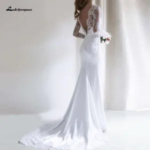 Roycebridal White Mermaid Dress Vintage Lace Long Sleeve Wedding Dress