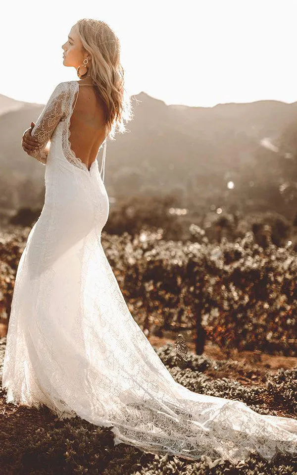 Satin Floor-length Chapel Train Bodycon Long Sleeve Vintage Wedding Dress-716004