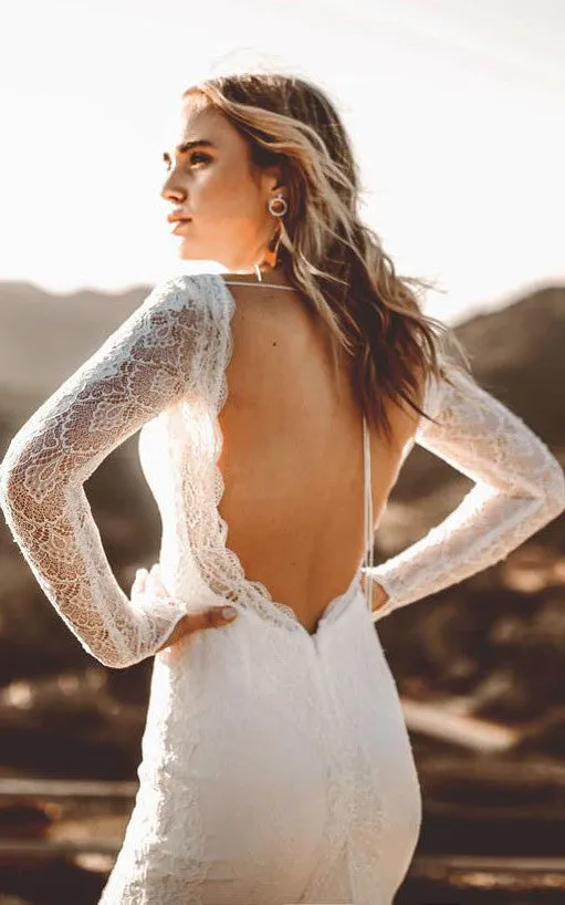 Satin Floor-length Chapel Train Bodycon Long Sleeve Vintage Wedding Dress-716004