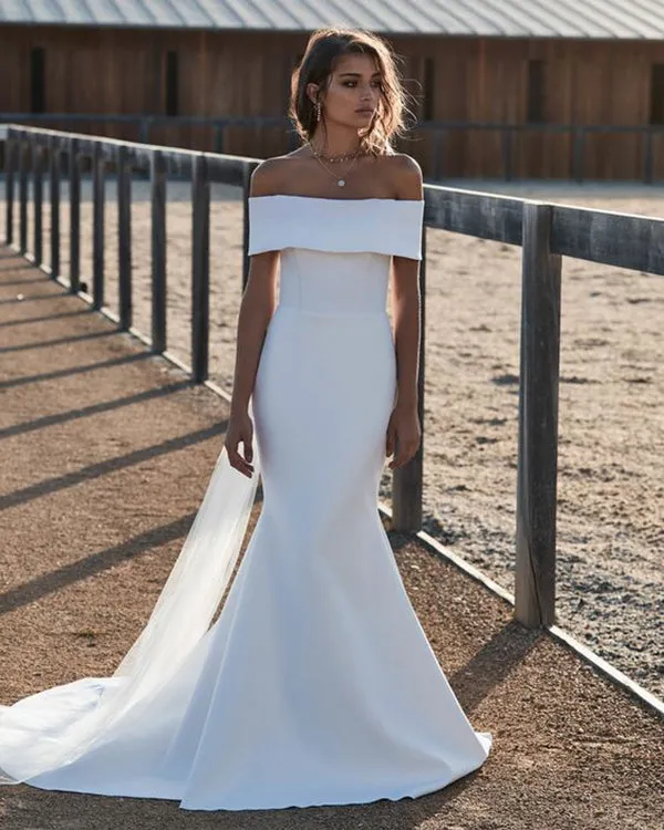 Sexy Off The Shoulder Satin Wedding Dresses Mermaid 2019 New Strapless Bridal Gowns with Tulle