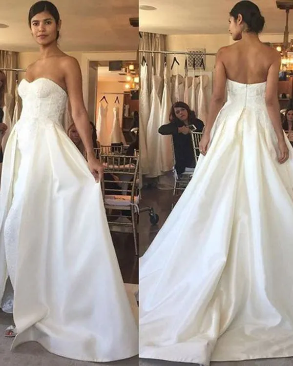 Sexy Sheath Wedding Dresses with Lace Appliques 2019 Satin Lace Bridal Dress Ball Gowns