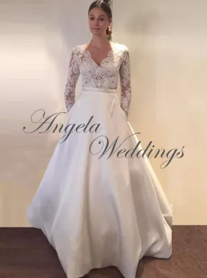 Sheer Long Sleeve Lace Wedding Dresses 2018 Elegant Satin Bridal Gowns