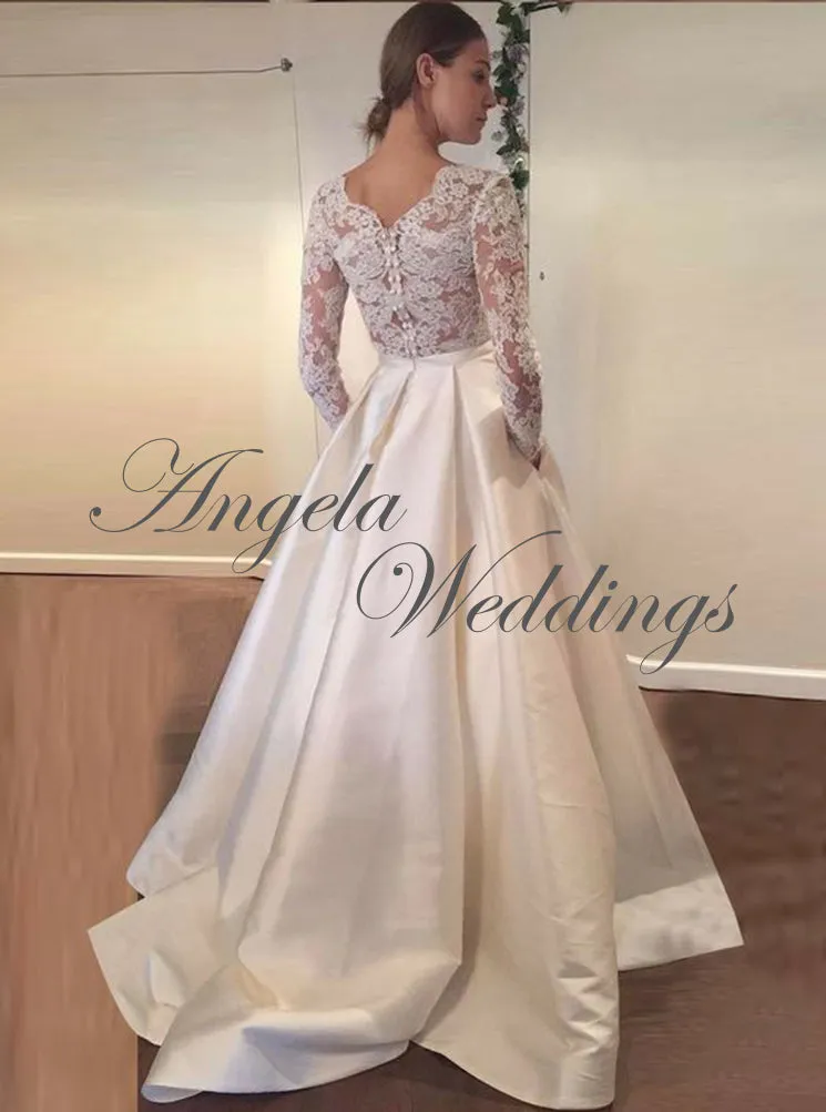 Sheer Long Sleeve Lace Wedding Dresses 2018 Elegant Satin Bridal Gowns
