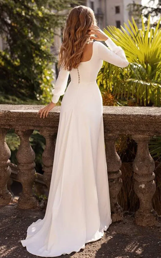 Simple Modest Square A Line Floor-length Sweep Train Long Sleeve Wedding Dress-716022