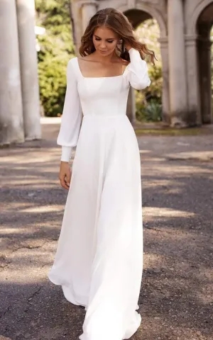 Simple Modest Square A Line Floor-length Sweep Train Long Sleeve Wedding Dress-716022