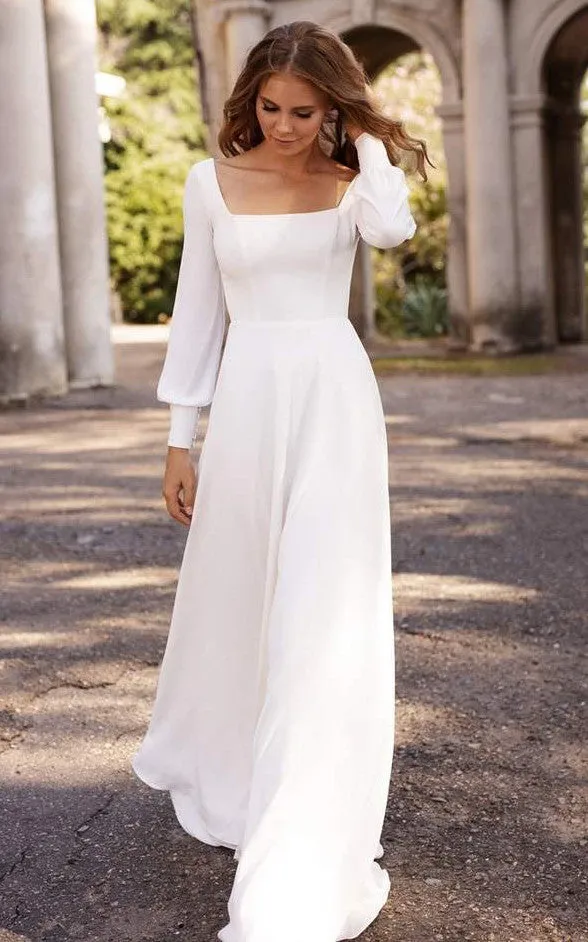 Simple Modest Square A Line Floor-length Sweep Train Long Sleeve Wedding Dress-716022