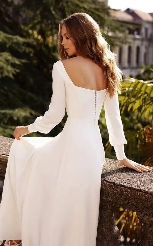 Simple Modest Square A Line Floor-length Sweep Train Long Sleeve Wedding Dress-716022