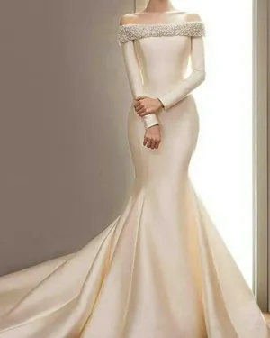 Simple Satin Mermaid Wedding Dresses Off The Shoulder Beaded Bridal Gown Long Train
