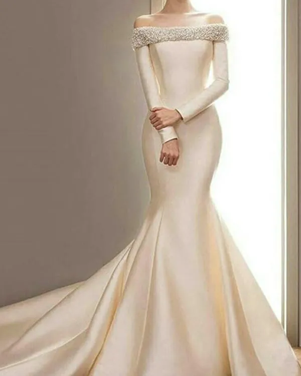 Simple Satin Mermaid Wedding Dresses Off The Shoulder Beaded Bridal Gown Long Train