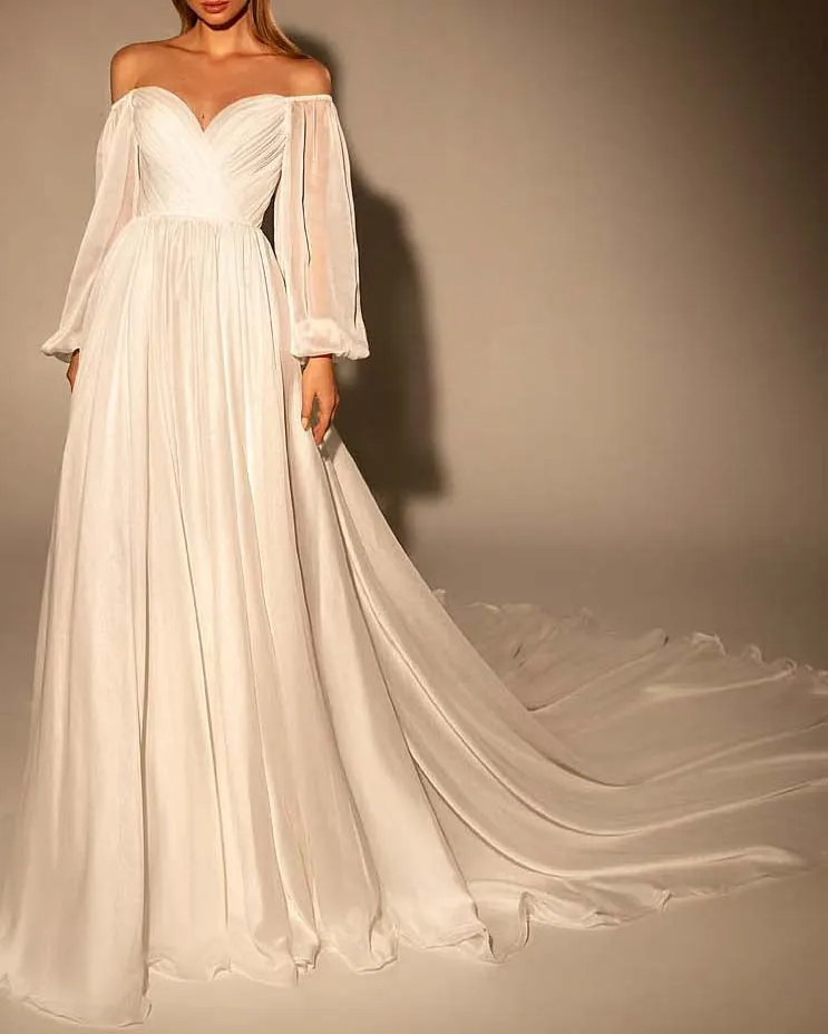 Simple Silk Like Chiffon Wedding Dresses Modest Long Sleeve 2021 Bridal Gowns Ruffles