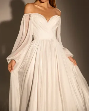 Simple Silk Like Chiffon Wedding Dresses Modest Long Sleeve 2021 Bridal Gowns Ruffles