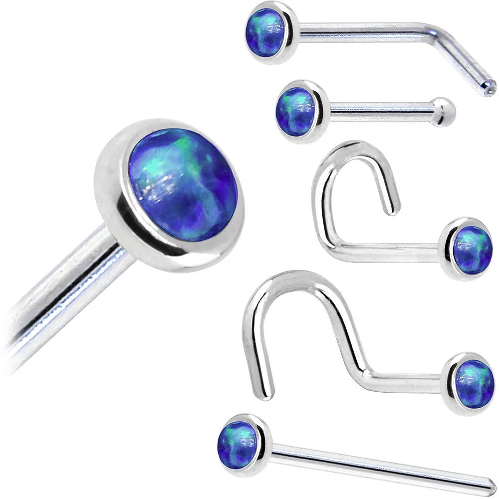 Solid 14KT White Gold 2mm Dark Blue Synthetic Opal Nose Ring