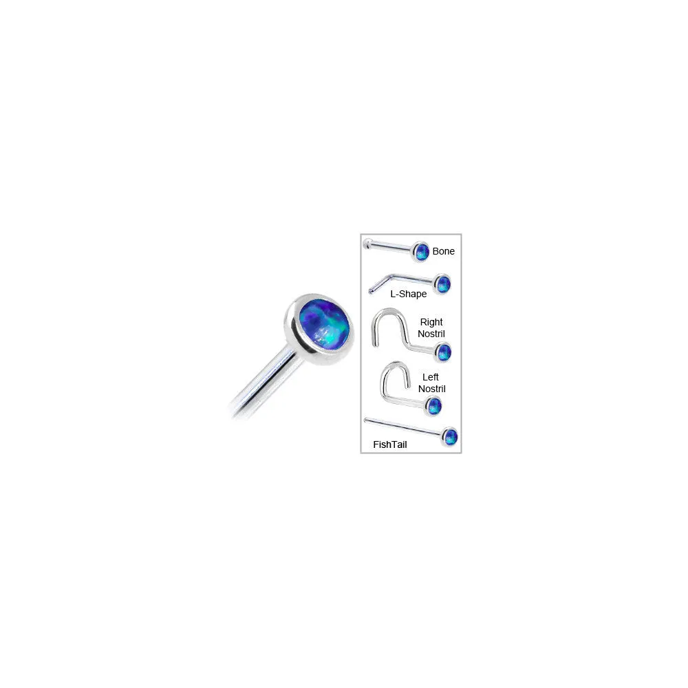 Solid 14KT White Gold 2mm Dark Blue Synthetic Opal Nose Ring