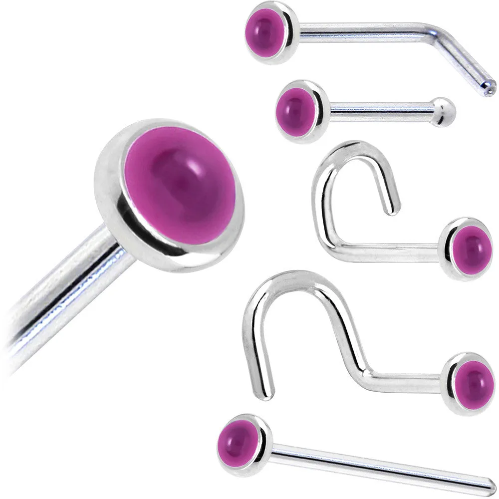 Solid 14KT White Gold 2mm Genuine Pink Garnet Nose Ring