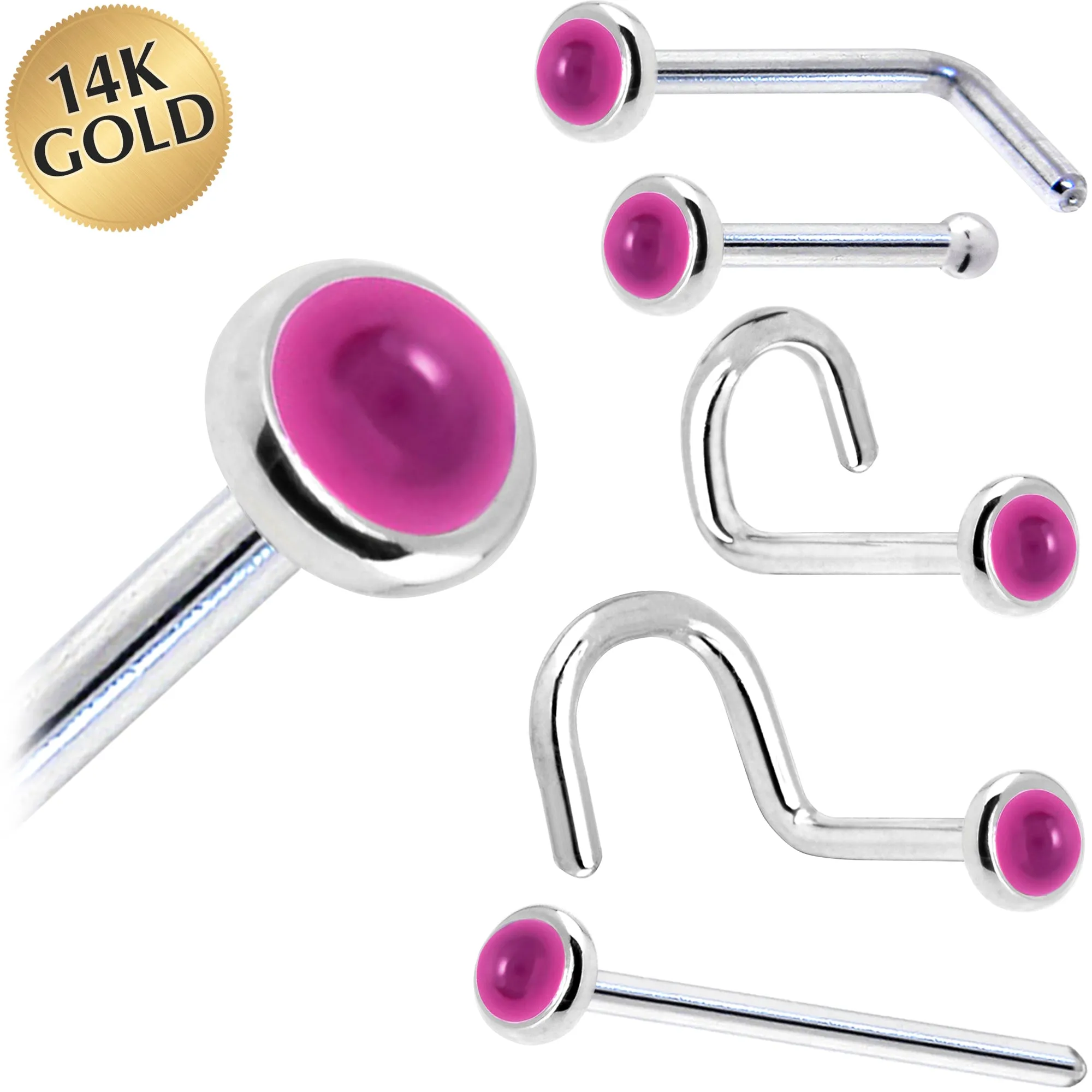 Solid 14KT White Gold 2mm Genuine Pink Garnet Nose Ring