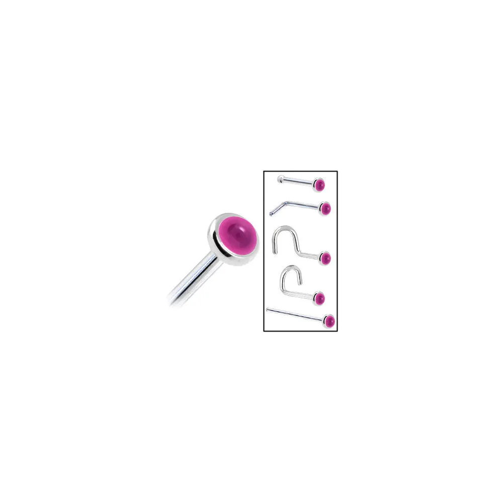 Solid 14KT White Gold 2mm Genuine Pink Garnet Nose Ring