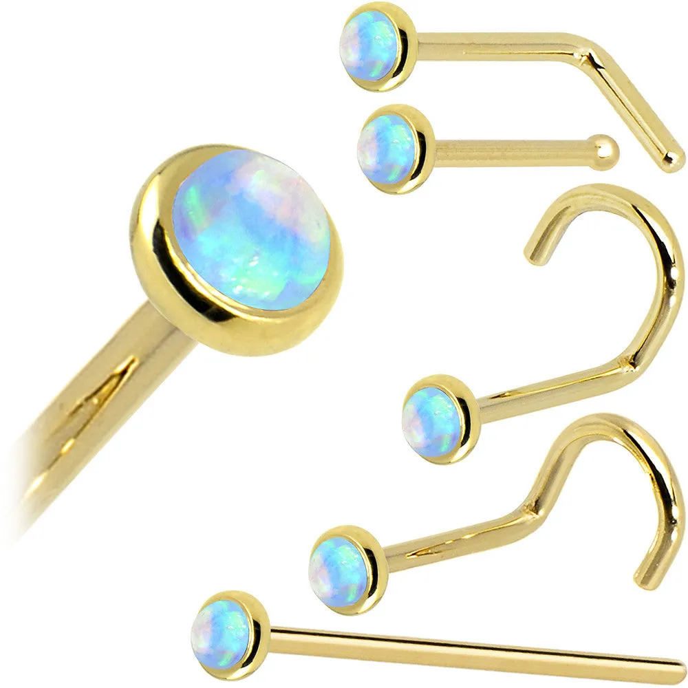 Solid 14KT Yellow Gold 2mm Light Blue Synthetic Opal Nose Ring