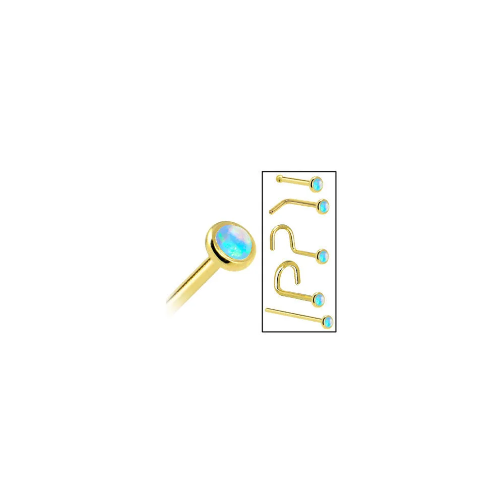 Solid 14KT Yellow Gold 2mm Light Blue Synthetic Opal Nose Ring