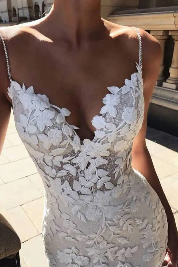 Spaghetti Strap Vintage Mermaid Lace Appliques Wedding Dress,MW288