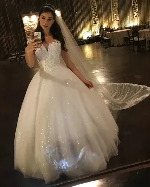 Sparkly Ball Gown Wedding Dress with Lace Appliques Beadings Elegant 2019 Bridal Gowns