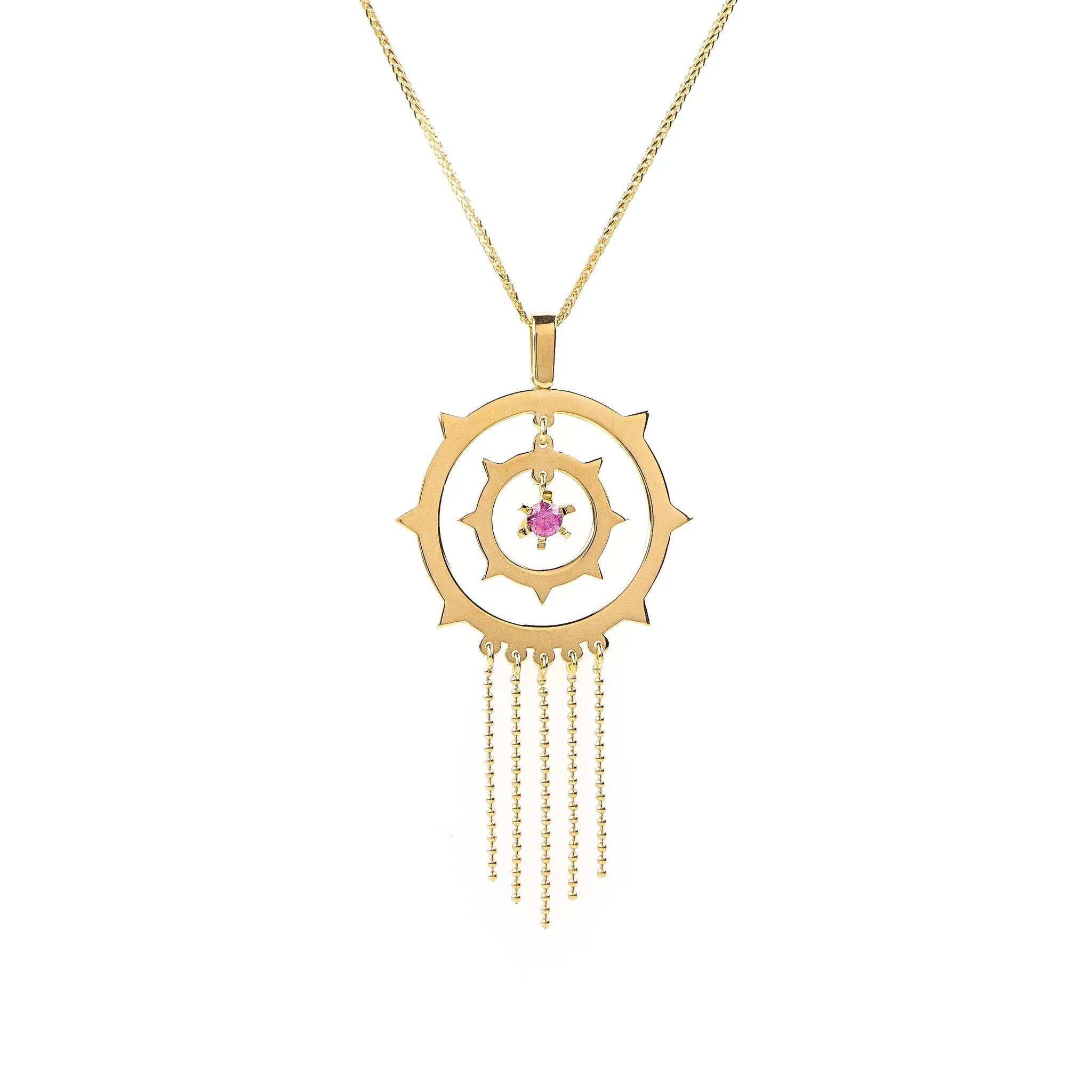 Star Alignment Pendant Necklace 18kGold with Pink Sapphire or Emerald