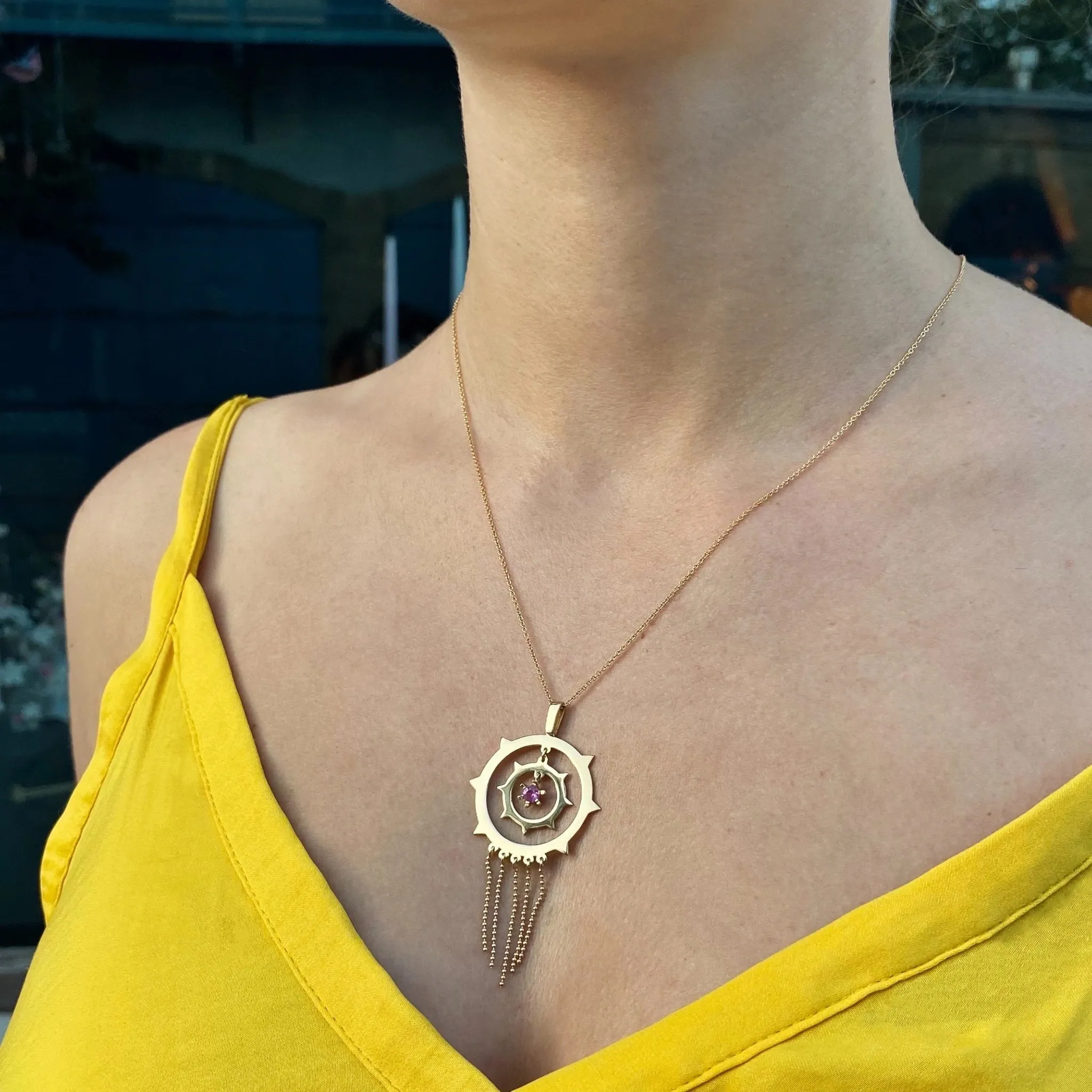 Star Alignment Pendant Necklace 18kGold with Pink Sapphire or Emerald