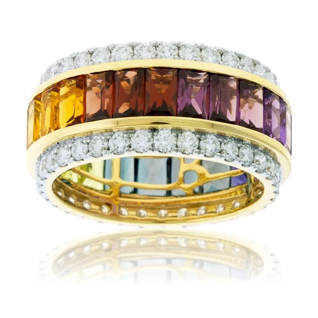 Step Cut Mixed Gemstone Wide Rainbow & Diamond Accented Ring