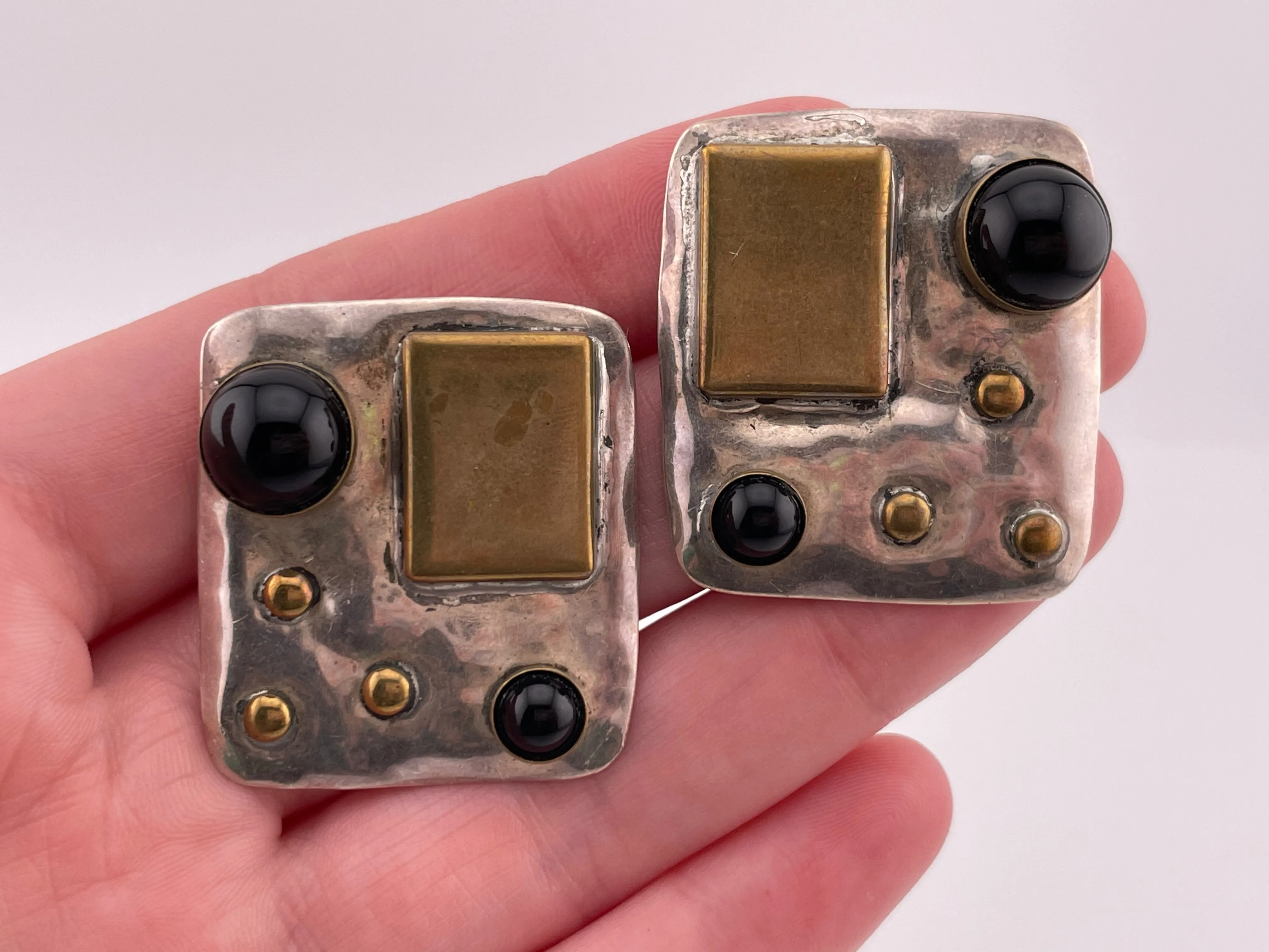 sterling silver and brass Louis Booth onyx artisan post earrings
