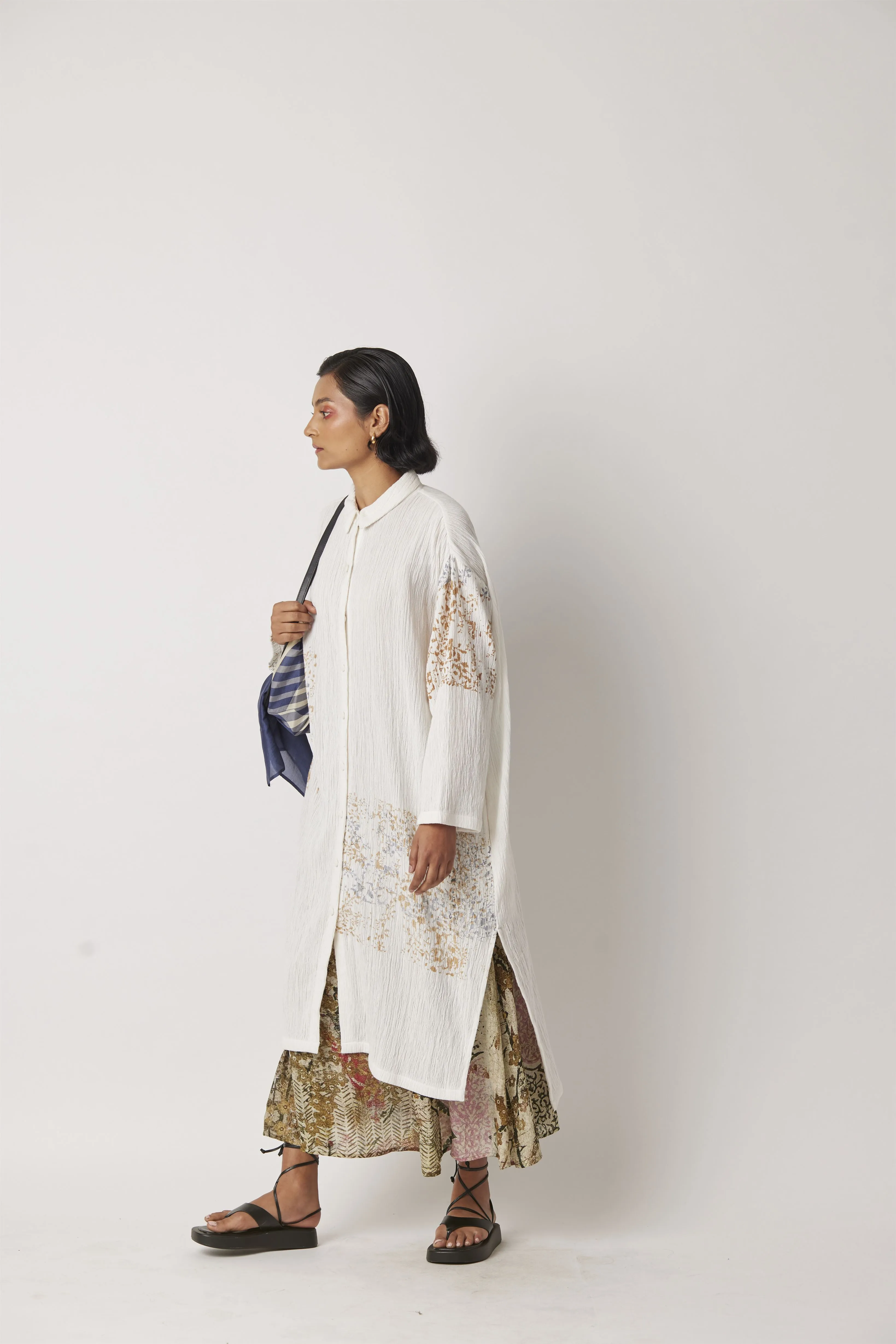 Summer Dress Shirt High-Low Cotton Calla Print-White On White-Fashion Edit-Yc14D-132 Yc14Sp01-A-Yavi