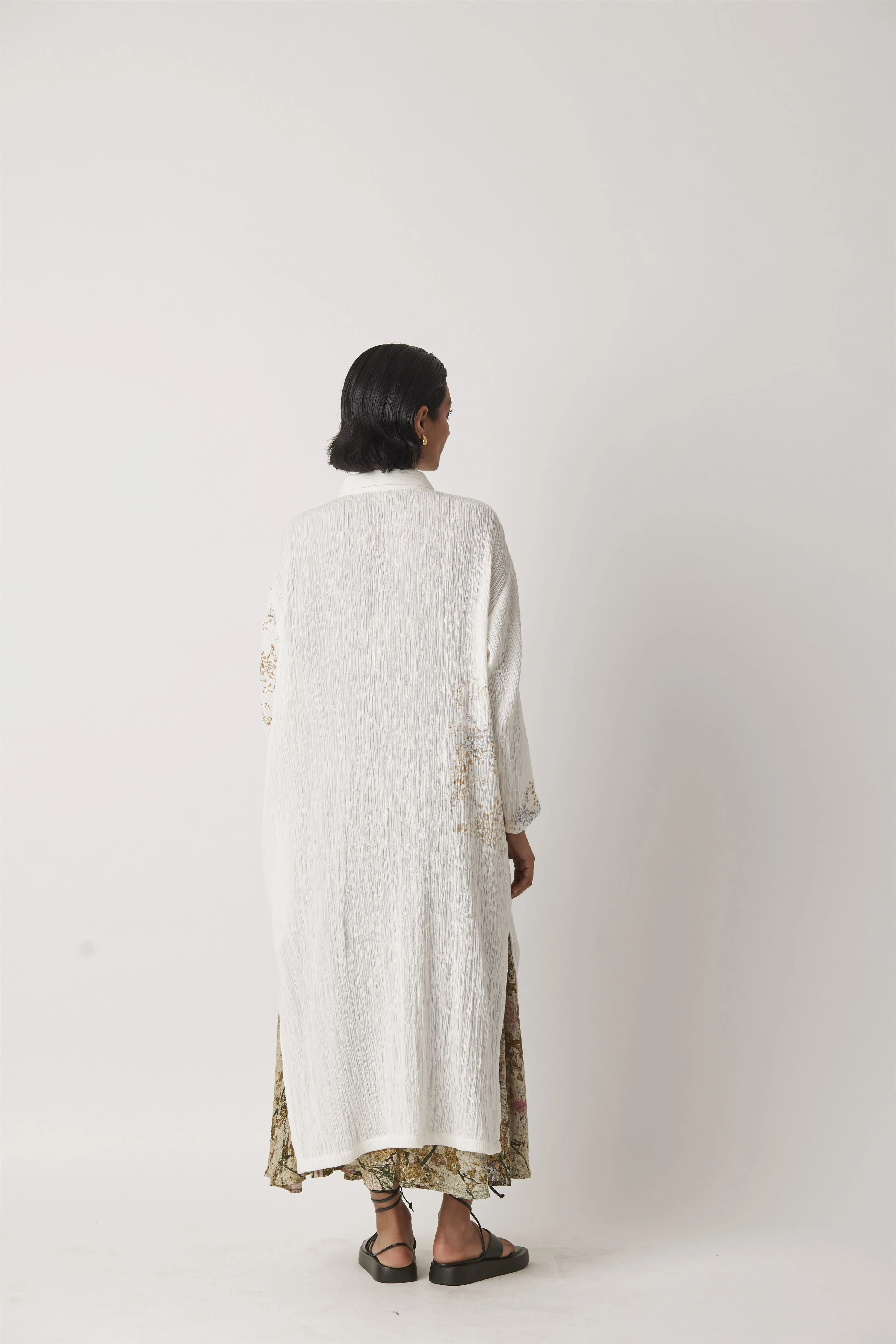 Summer Dress Shirt High-Low Cotton Calla Print-White On White-Fashion Edit-Yc14D-132 Yc14Sp01-A-Yavi