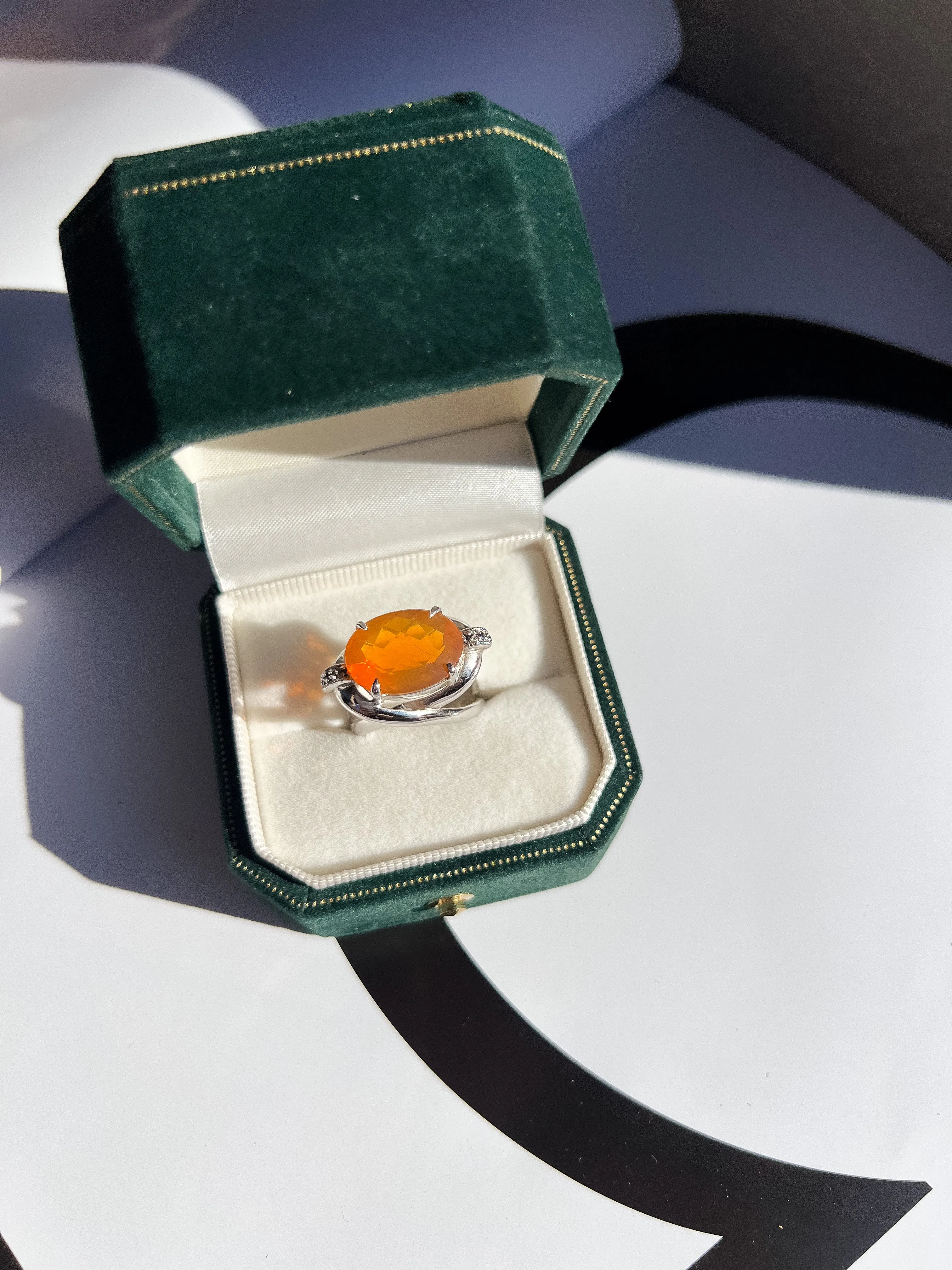 Sunset Garibaldi Fire Opal with Sapphire Cocktail Ring