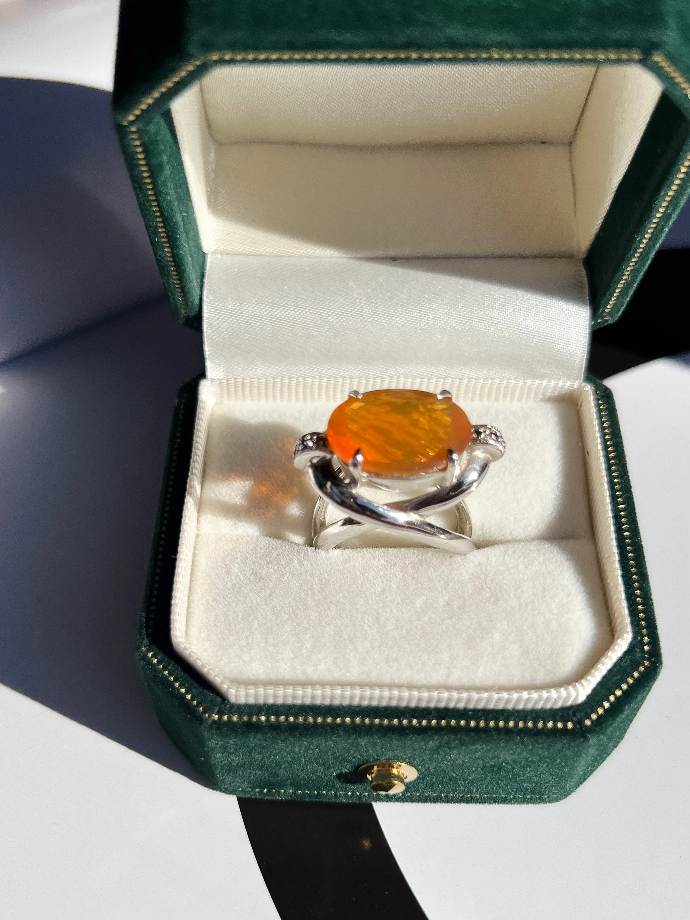 Sunset Garibaldi Fire Opal with Sapphire Cocktail Ring