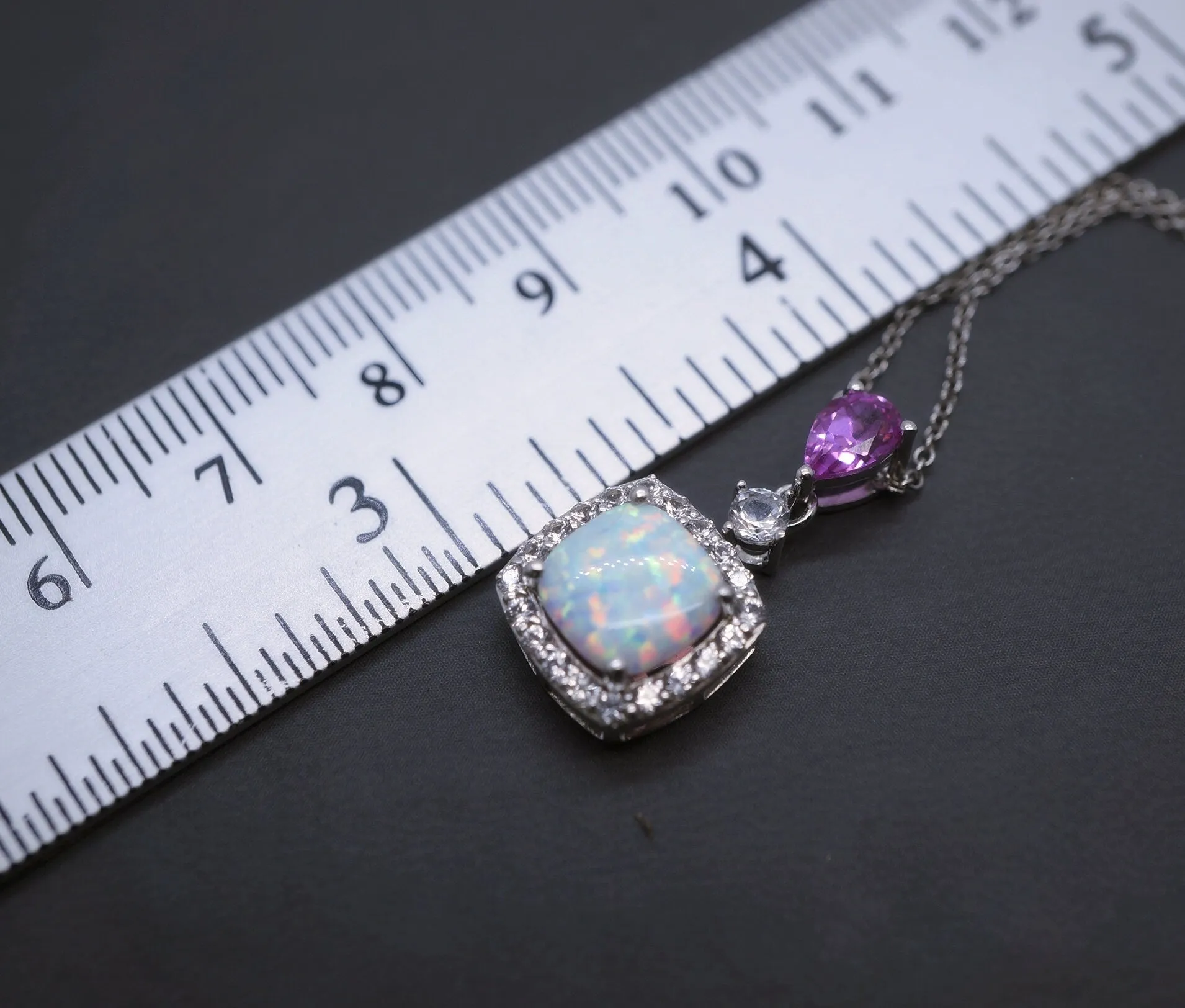 Synthetic Fire Opal Necklace Sterling Silver Square White Opal Pendant , Luxury Bridal Opal Jewelry