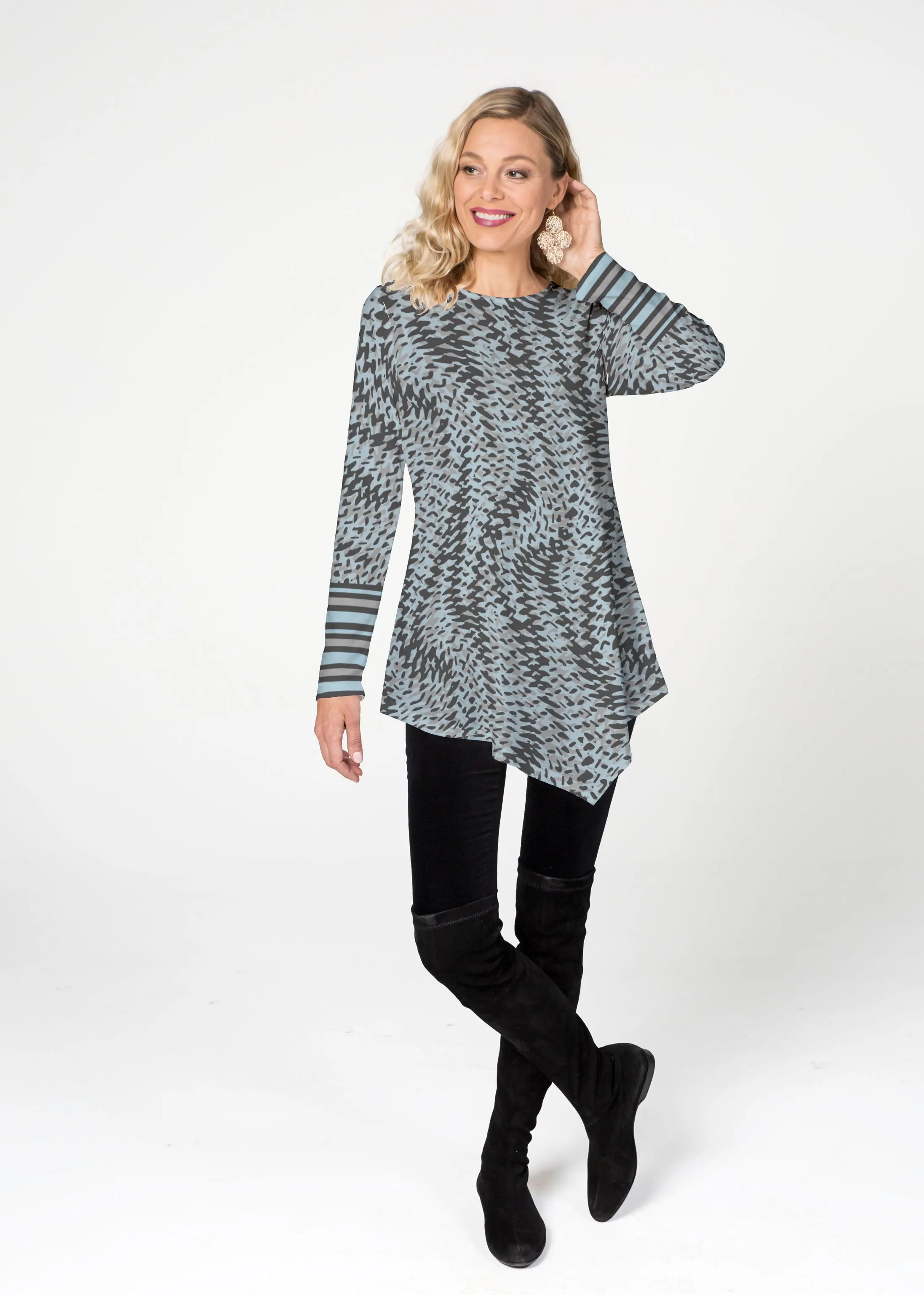 Textured Tracks Black (7720) ~ Asymmetrical French Terry Tunic