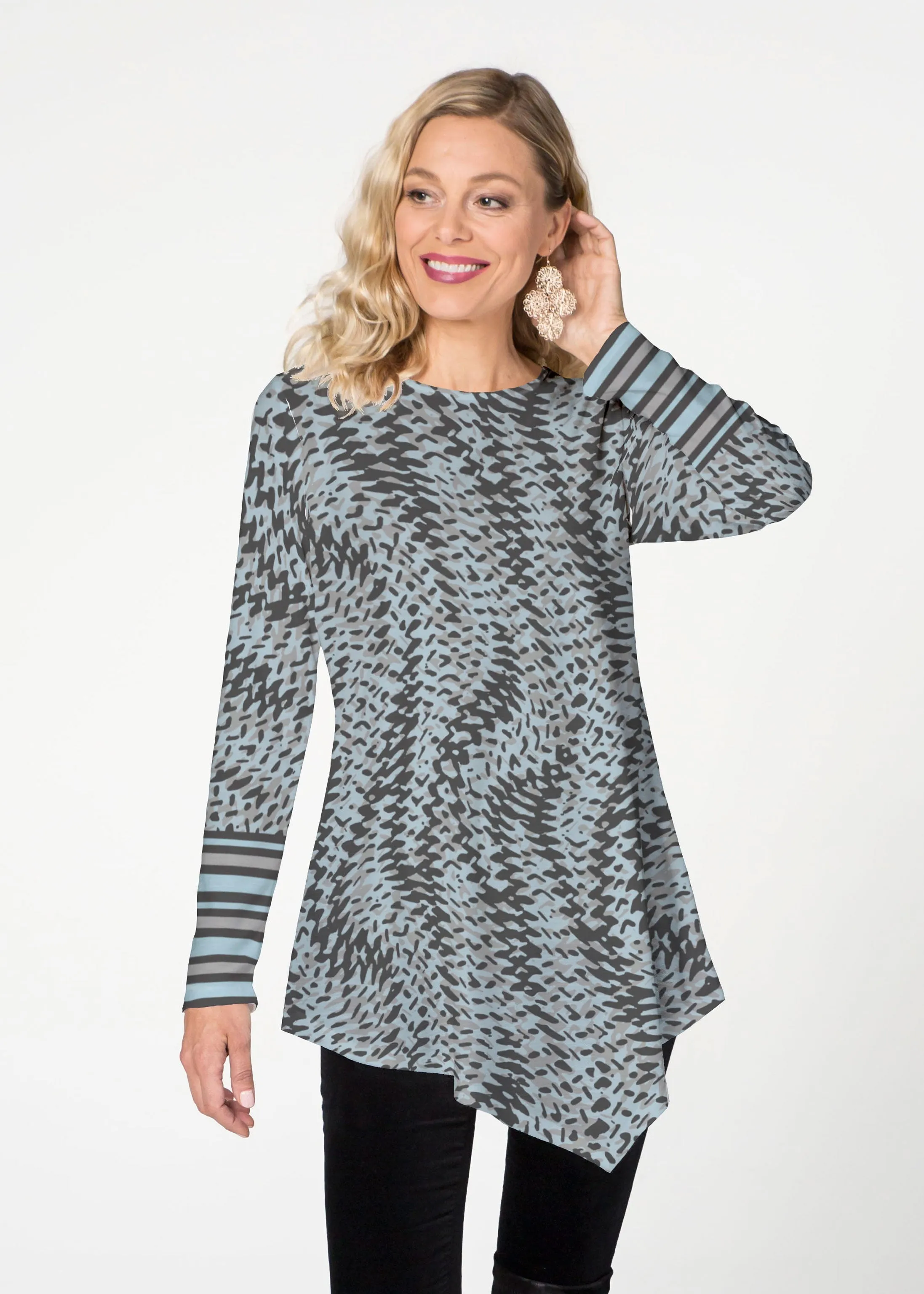Textured Tracks Black (7720) ~ Asymmetrical French Terry Tunic