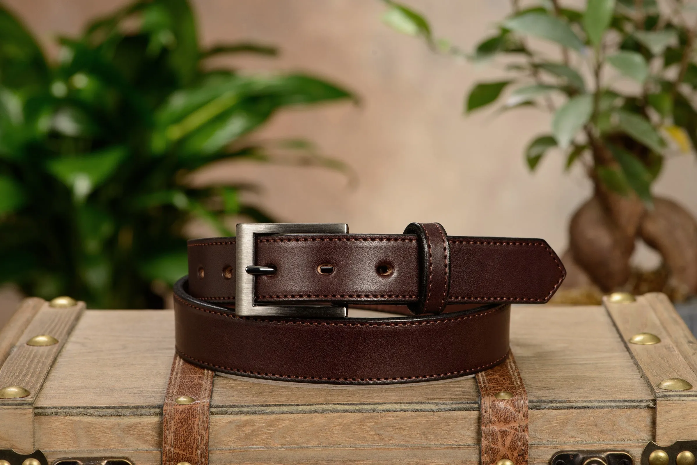 The Admiral: Men's Brown Stitched Leather Belt 1.19"
