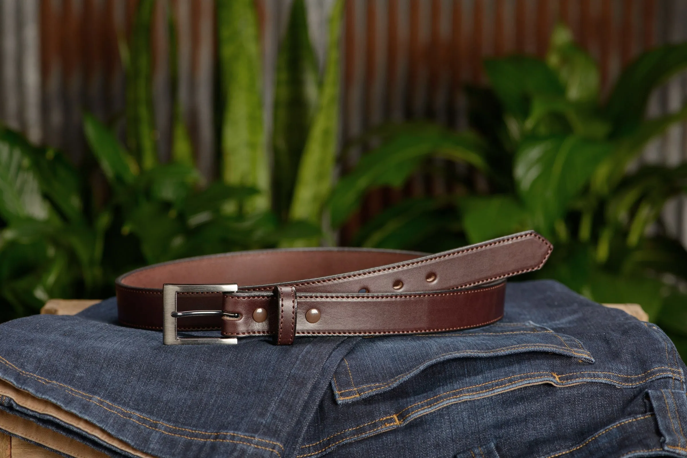 The Admiral: Men's Brown Stitched Leather Belt 1.19"