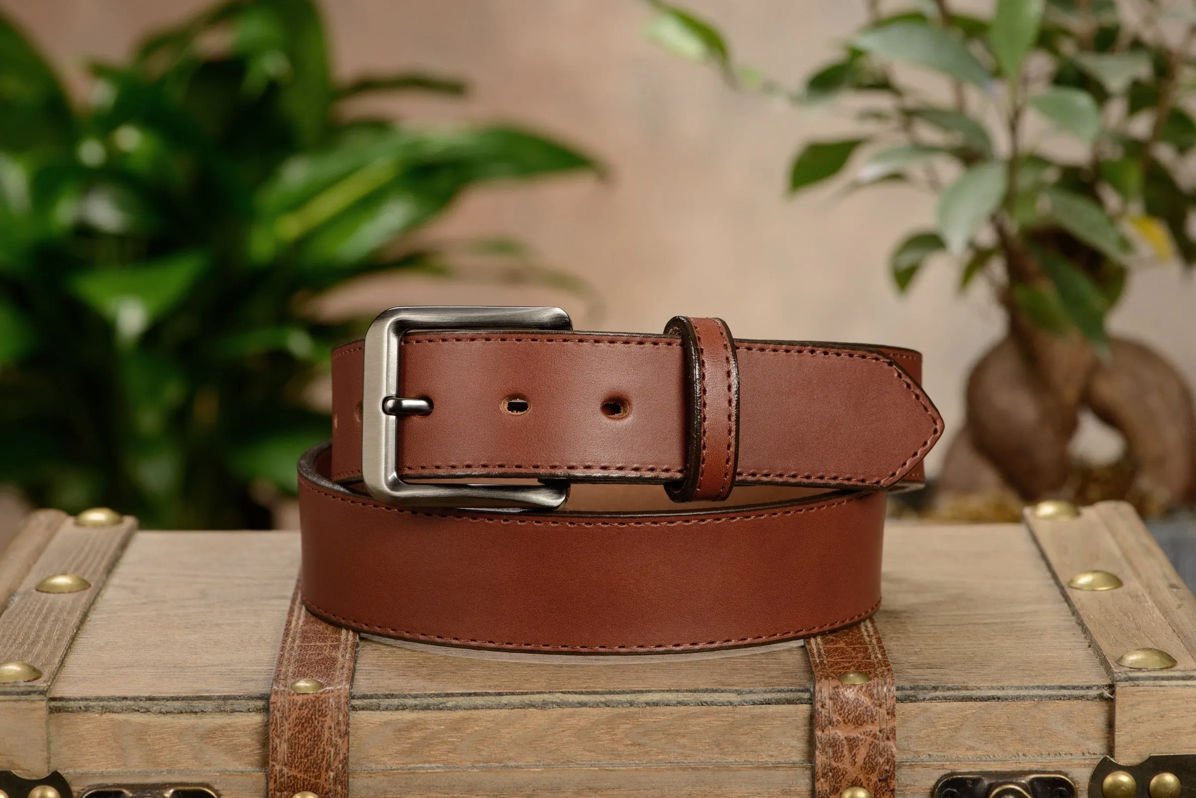 The Admiral: Men's Medium Brown Stitched Leather Belt 1.50"